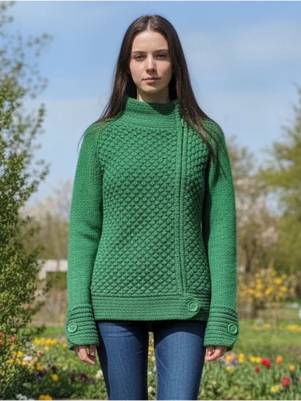 Moda International Women’s Green Textured Cowl, Zip Up Sweater, YKK Zipper, M